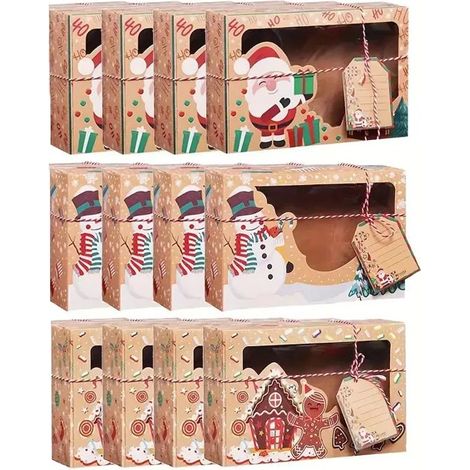 KLVGTIFS PU - Lot de 12 boîtes cadeaux de Noël décorées avec le Père Noël et des bonhommes de neige - Boîtes d'emballage en carton pour les fêtes (1/5)