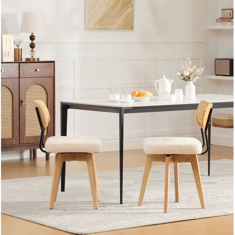 Set di 2 sedie da pranzo girevoli a 360° in ciniglia beige con schienale in rattan intrecciato (1/5)