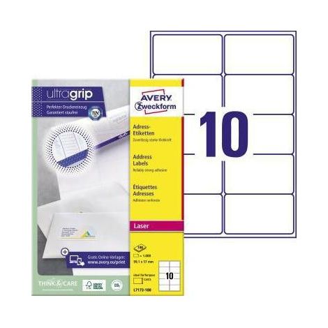 AVERY ZWECKFORM Adressetikett Avery Zweckform ultragrip 99,1 x 57 mm (B x H) Papier weiß 1.000 Etik./Pack. (1/4)