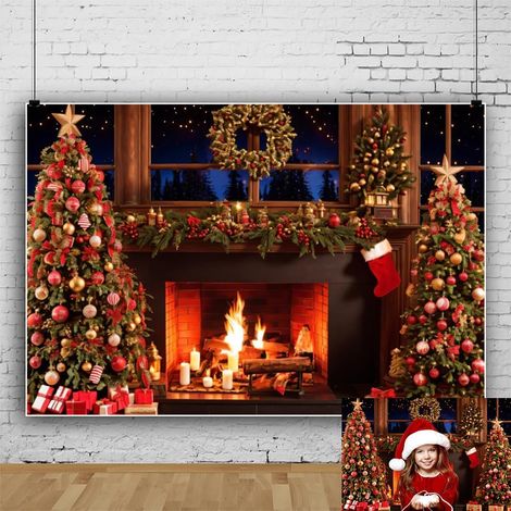 (1.2 x 0.8 m)Toile de fond de cheminée de Noël sur le thème de Noël Scène d'intérieur pour décoration murale de fête, selfie de Noël (1/5)