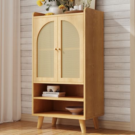 Aparador alto de aglomerado con puertas de ratán y nichos abiertos natural DESVIAE (1/5)