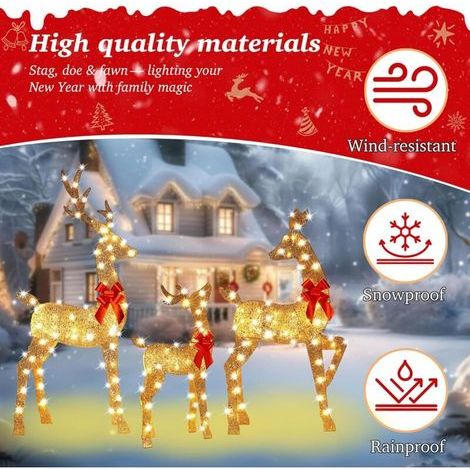 Décorations de Noël extérieures – Famille de rennes lumineux – Guirlandes lumineuses LED résistantes aux intempéries – Ensemble de 3 pièces (1/4)