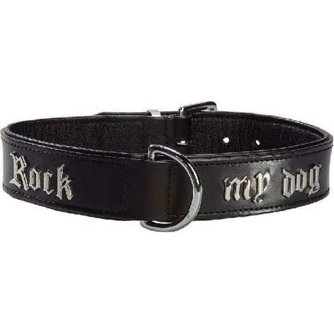 Collare nero 45 x 3,9 cm: Collare in similpelle nero con fibbia con scritta Rock My Dog per cani