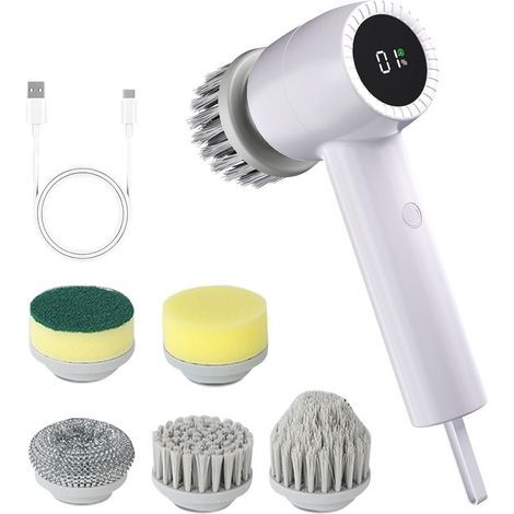 Brosse de nettoyage électrique 5 en 1 avec écran LED, 5 brosses et 2 vitesses pour la cuisine et le carrelage – Blanche (1/5)