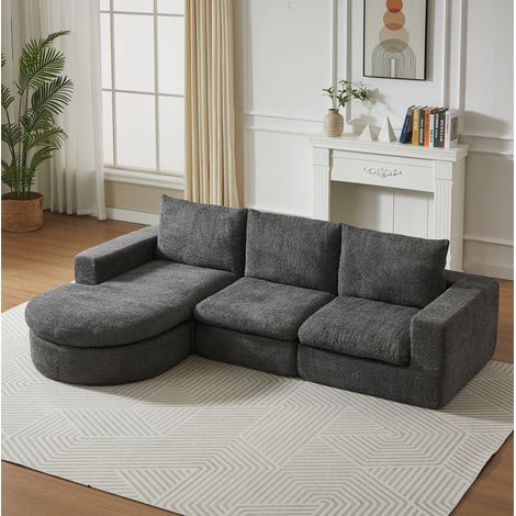 Canapé d'angle modulable avec méridienne réversible en tissu gris, 4 modules, coussins moelleux et appuie-tête, mousse haute densité, sans montage – CHICFURN (1/5)