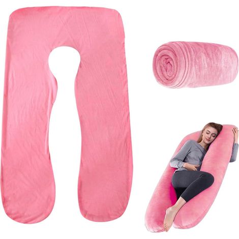 Taie d'oreiller en forme de U pour coussin de grossesse, 140 x 80 cm, housse de rechange lavable en machine, rose (1/5)