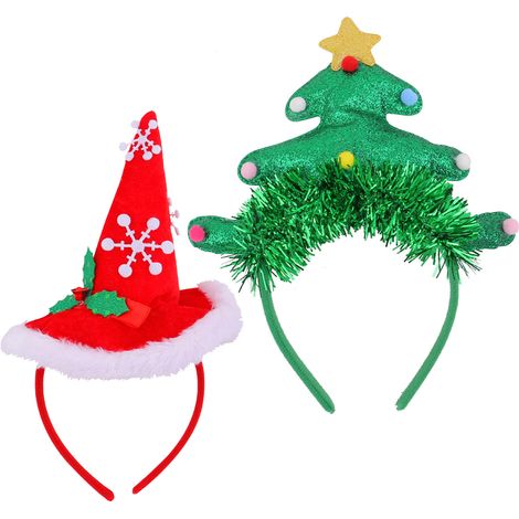 (Combinaison d'un chapeau pointu rouge et d'un petit sapin) Lot de 2 bandeaux décoratifs de Noël amusants, avec motif sapin et chapeau pointu. Idéal pour les fêtes de fin d'année. (1/2)