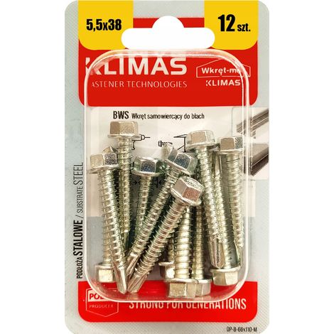 Vis Autoperceuses Pour Tôle Klimas, 5.5 x 38 mm, Tête Hexagonale, Blister 12 Pièces (1/5)