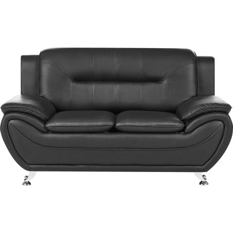 2 Seater Sofa Black Vegan Eco Leather Loveseat Arms Silver Metal Legs Easy Clean Modern Glam Style Living Room LEIRA (1/5)