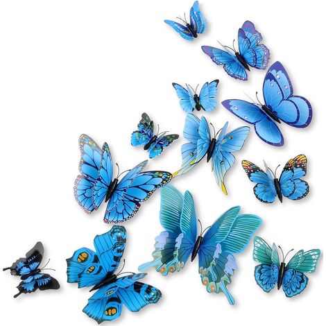 Lot de 12 Stickers Muraux Papillon Bleu 3D Chambre Art Déco (Bleu)