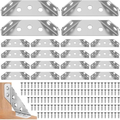 Set mit 20 Eckverbindern aus Edelstahl, Möbelwinkeln mit Schrauben, Dreiecksstützen und Eckverstärkungen für Schränke und Stühle (1/4)
