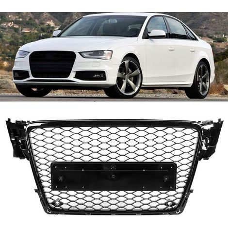 Grille avant nid d'abeille style Modèle sportif compatible Audi A4 B8 2008-2012 – Remplacement direct – Design sport – Finition noire brillante – Support plaque inclus – Couleur : noir
