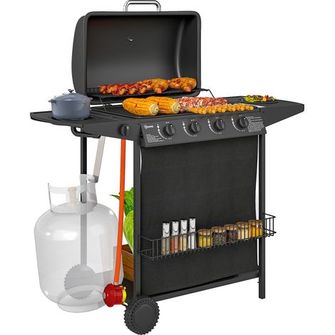 Outsunny 4+1 Burner Gas BBQ Grill, Portable Gas Barbecue Grill with Built-in Thermometer, Lid, Side Table, Shelf, Spice Rack, Wheels, Grease Cup for Garden Party Outdoor Cooking, Black