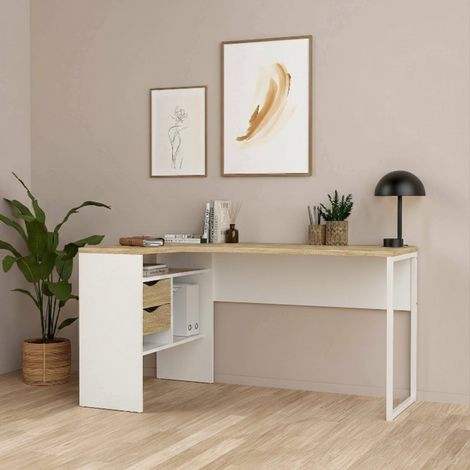 Bureau Patience, Pupitre Polyvalent, Table de Bureau pour PC, Plan de Travail, 145x81 h77 cm, Blanc et chêne (1/5)