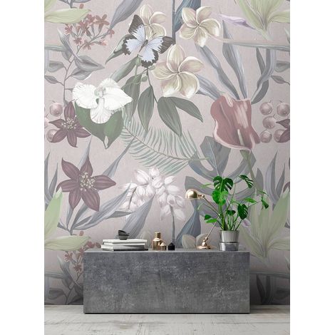 Papier peint panoramique tropical beige pastel | Tapisserie panoramique exotique moderne idéale chambre adulte | Papier peint panoramique floral salon - 270 x 400 cm (4 pièces) (1/5)