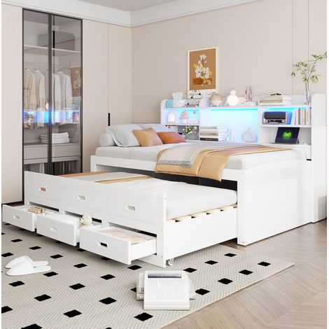 Lit banquette moderne 90x200 cm blanc en panneaux de particules et MDF, avec LED, 3 tiroirs, lit gigogne, USB + Type-C (1/5)