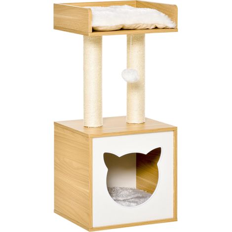 Maison pour chat avec poteaux à griffer en sisal, coussins lavables et balle, 35 x 35 x 81 cm, chêne (1/5)