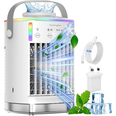 4-in-1-Luftkühler – Tragbarer Sprühluftkühler – Vier Lüfterstufen – 700-ml-Wassertank – RGB-Beleuchtung und Timer (1/5)