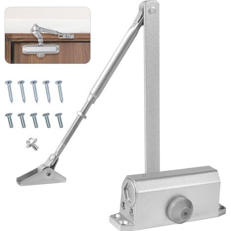 Cierrapuertas hidráulico automático con resorte de aluminio ajustable y bloqueo automático para puertas comerciales y residenciales.