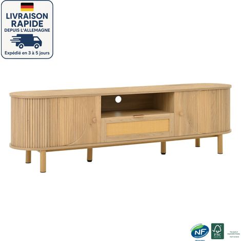 Mobile TV da 175 cm con 2 ante e 1 cassetto - Rifiniture color rovere + Anta cassetto in rattan - Gambe in metallo effetto legno (1/5)