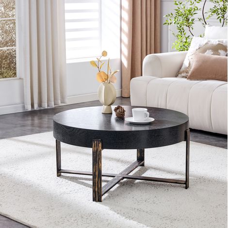 Tavolino rotondo 68 cm stile industriale rétro, piano MDF nero effetto legno, metallo (1/5)