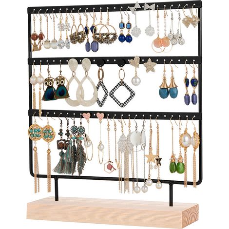 Organisateur à boucles d'oreilles Aoresac 3 niveaux Support bijoux métal et bois naturel 72 trous pour 36 paires (1/5)