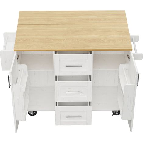 Îlot de cuisine mobile avec plateau rabattable, 3 tiroirs et porte-serviettes, MDF aspect bois, blanc (1/5)