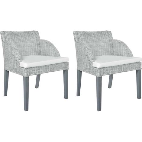 Esszimmerstühle mit Kissen 2 Stk. Grau Natur Rattan