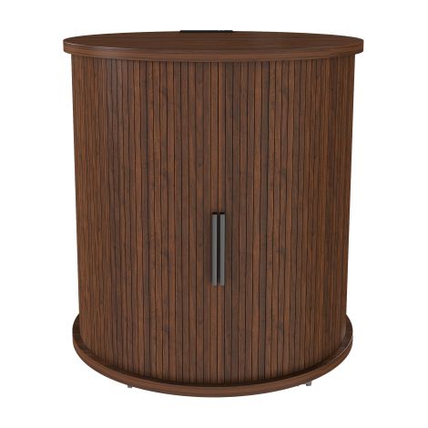 Comodino cilindrico di metà secolo con stazione di ricarica (presa di corrente + 2 porte USB), anta inclinata e vano contenitore - su rotelle per camera da letto, soggiorno - finitura noce, dimensioni (1/5)