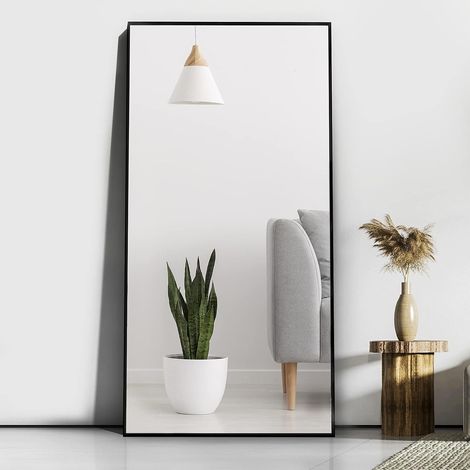 Miroir sur pied, 165 x 60 cm, grand miroir de sol avec cadre fin, à suspendre ou à poser contre le mur, pour chambre à coucher, noir (1/5)