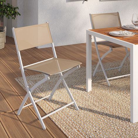Lote de 6 sillas de jardín plegables BASTIA de metal y textileno, blanco y beige