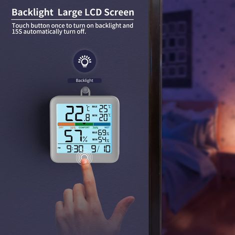 Thermomètre d'ambiance - Hygromètre numérique Moniteur de température précis Enregistrement MAX/MIN, Horloge à rétroéclairage LCD (1/5)