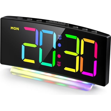 Sveglia digitale a LED curva con luce RGB, doppio allarme, formato orario 12/24 ore, luminosità regolabile (adattatore incluso) (1/4)