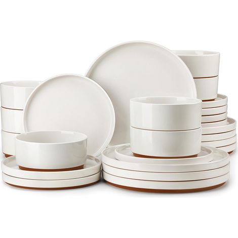 Service de Table 8 Personnes, 24 Pièces Service de Vaisselle en Grès avec 8 Assiettes Plates, 8 Bols à Céréales, 8 Assiettes à Dessert, Blanc (1/5)