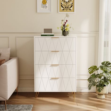 Commode 4 tiroirs, cadre mĂ©tallique, meuble de rangement pour chambre et salon, design motif losanges, 60x34x90 cm, Blanc (1/5)