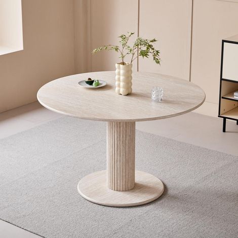 Runder Esstisch Marmoroptik mit Zylindertischbein, 115cm, Gelber Travertin (1/5)