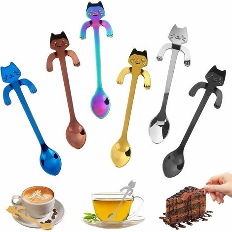 Cuillères à Café en Acier Inoxydable sous Forme de Chat, Cuillère en Remuant Ustensile, Mignon Cuillères Suspendues pour Thé, Lait, Café, Dessert, Boisson, (6 Multiclor Chat) (1/5)