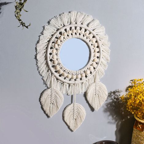 Hanging Wall Mirror with Cotton Edge Small Round Bohemian Style Decorative Wall Mirror for Living Room Bedroom Baby Room Home Decoration Style B (1/4)