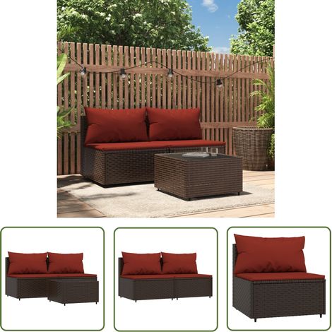 The Living Store Salon de jardin 3 pcs avec coussins marron résine tressée - Canapé De Jardin - Mobilier De Jardin - Salon De Jardin - Set De Jardin - Table Basse (1/5)