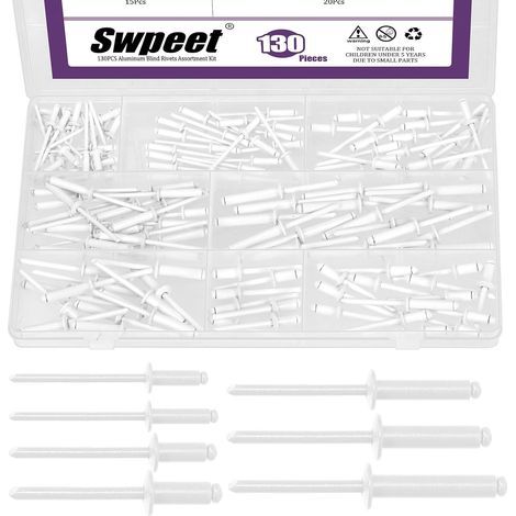 Kit de 130 pièces de rivets aveugles en aluminium blanc de 7 tailles, kit de rivets aveugles de grands flancs, rivets aveugles en aluminium pour poignées et rivets aveugles en acier avec tige (1/5)