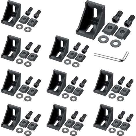 10 Stück schwarze Winkelverbinder aus Aluminiumlegierung, 90-Grad-Winkelverbinder für 3030- und 3060-Profile, mit T-Muttern, Schrauben, Unterlegscheiben und Schraubenschlüssel, zur Montage von Industr