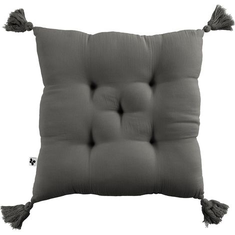 OUREA - Coussin Capitonné 40x40cm avec Pompons Gaze de Coton Granit (1/3)