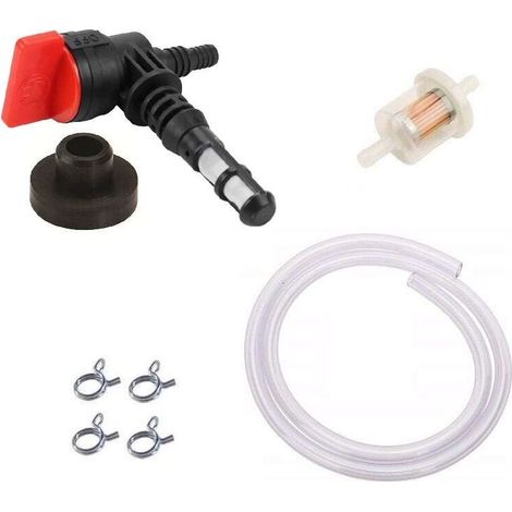 Grifo de combustible compatible con Briggs & Stratton 192980GS, 208961 – 90° encendido/apagado – Junta de goma, filtro, abrazaderas y manguera incluidos (1/4)