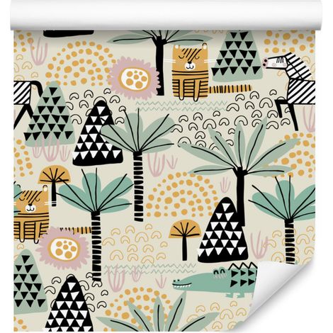 Papier peint animaux, arbres et palmiers pour salon et chambre 50x1000 cm (1/5)