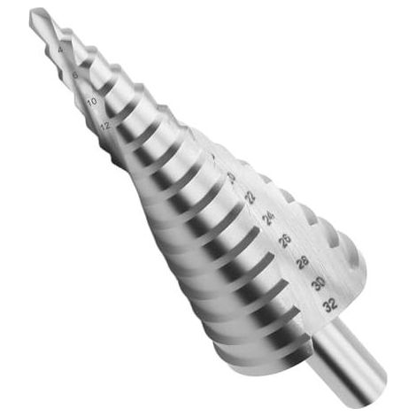 Stufenbohrer 4-32 mm, 15 Stufen, konisch, professioneller HSS-Stahl, 10 mm Dreikantschaft, für Schraubendreher in Metall, Stahl, Holz, Messing, Aluminium, Kunststoff, Glas - (1/5)