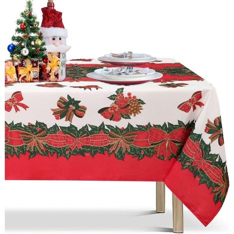 Nappe de Noël Rectangle  60x70 pouces Motif de ruban de houx Nappes de vacances lavables et résistantes aux plis pour la réunion de famille de Noël, table de salle à manger (1/5)