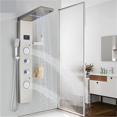 Ensemble de douche mitigeur thermostatique intelligent Brossé LED Lumière LCD Robinet De Douche Salle De Bains SPA Massage Jet Colonne De Douche Système Cascade Pluie Panneau De Douche Avec Plateau Ro (1/5)