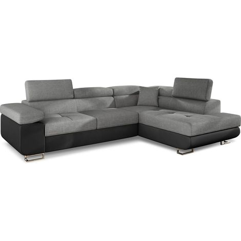 Canapé d'angle convertible Antoni avec têtières relevables Simili Noir et Tissu Gris foncé (1/2)