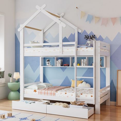 Letto a castello per bambini 90x200 cm con cassetto, mensole e scala angolare, bianco- FLORAGRACE (1/5)