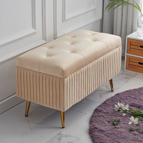 Pouf Contenitore Panca in Velluto Rettangolare Morbido Capiente Divanetto Beige (1/5)